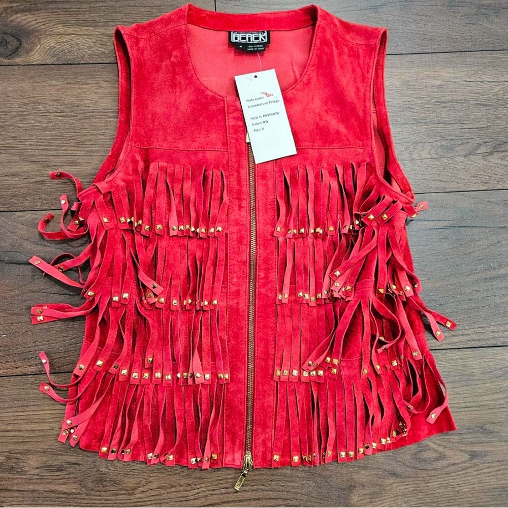 Vintage Red Leather Fringe Vest with Grommet Details, size small